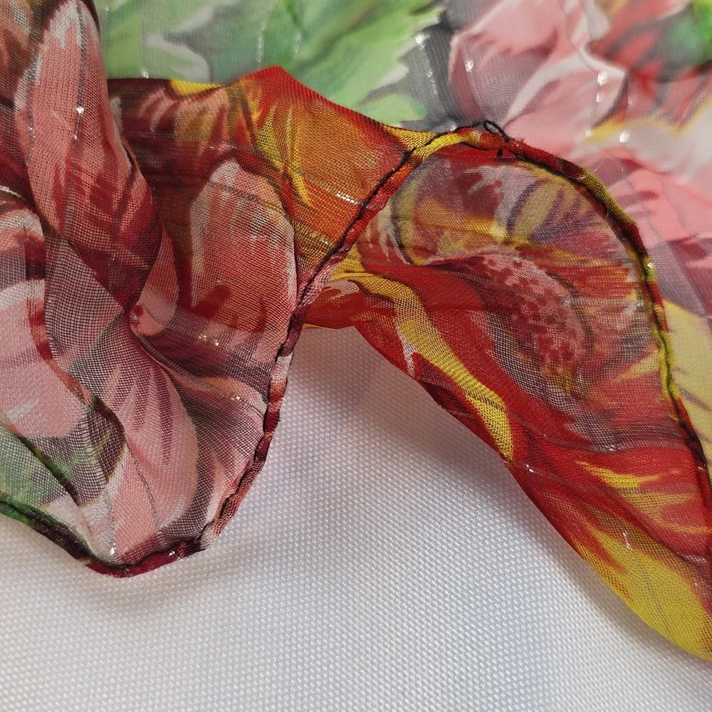 Vibrant Colorful Floral‎ Sheer Scarf Beach Wrap Silver Threads 40in EUC